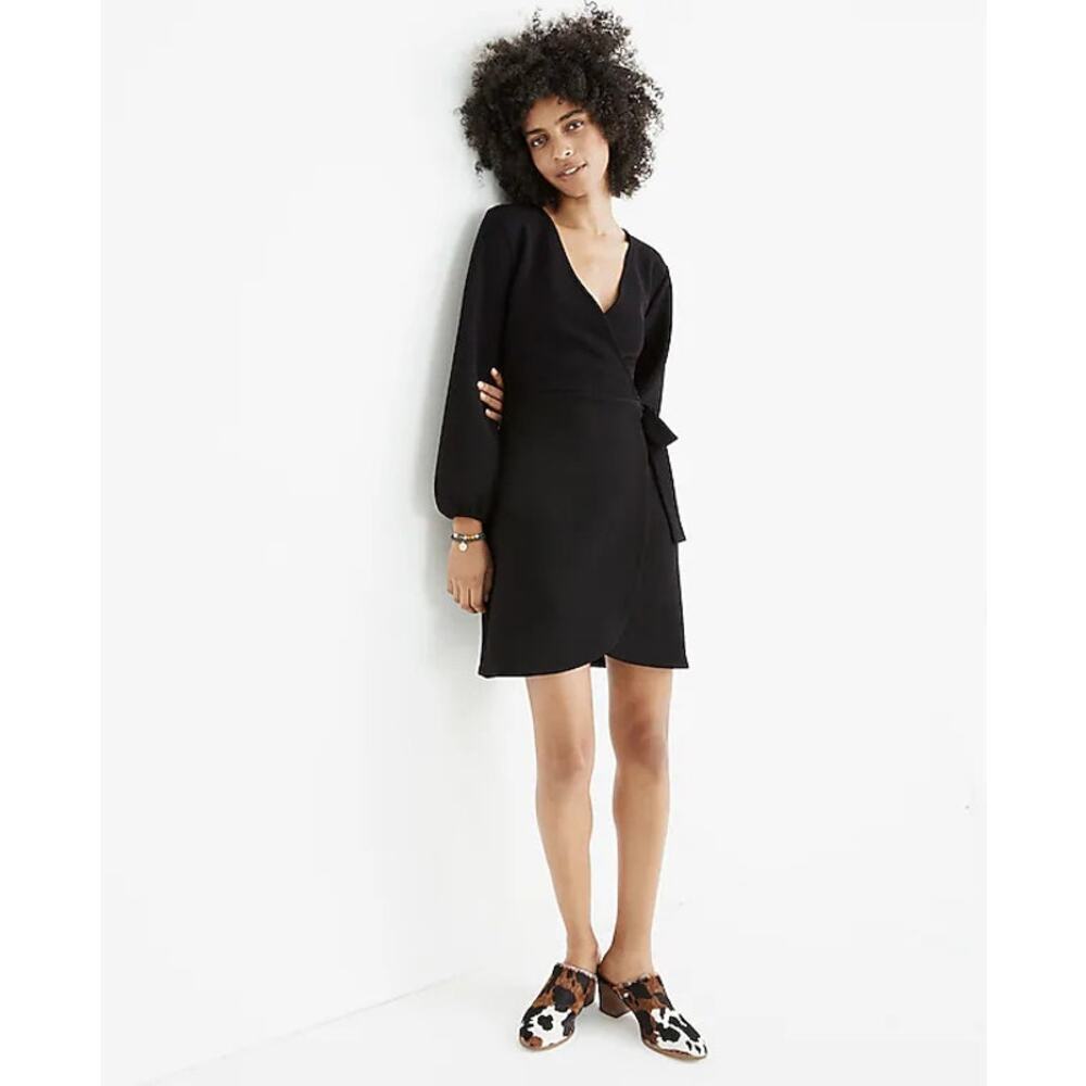 Madewell Black Texture & Thread Long-Sleeve Side-Tie Wrap Mini Dress Size XXS